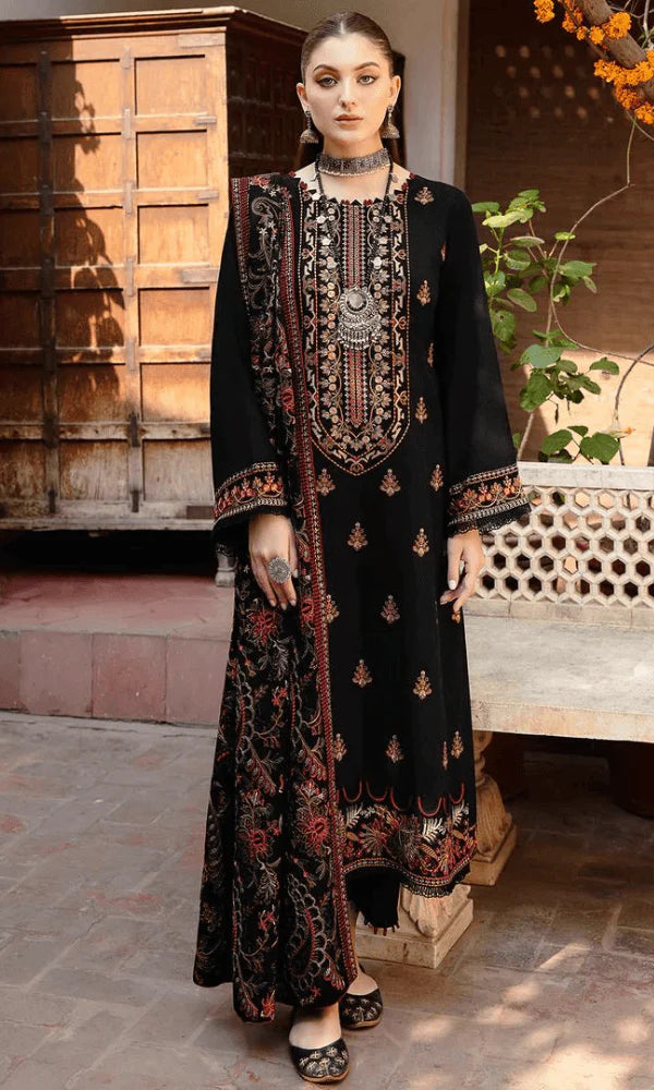 Premium Embroidered Black Dhanak Suit for Winter Festive Occasions